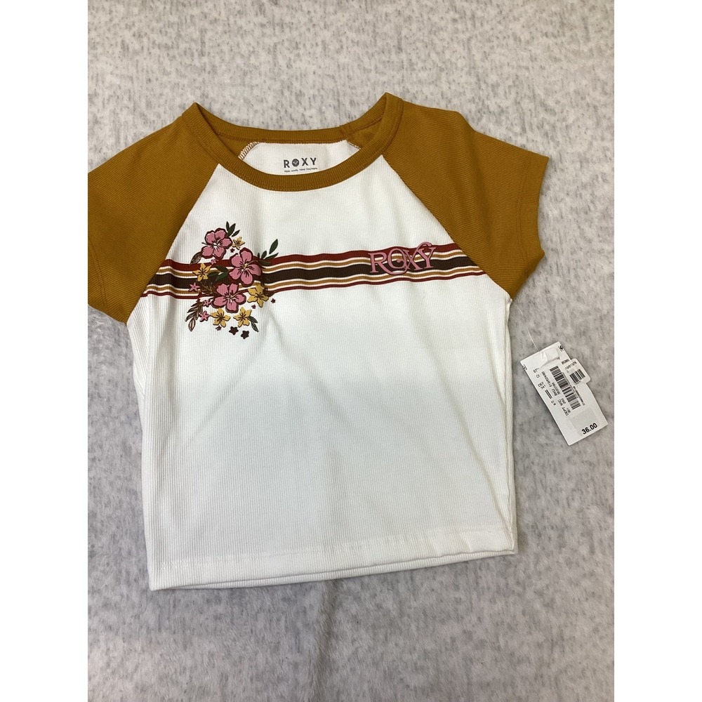 Roxy Womens Floral Raglan Ribbed Baby Tee Mustard Yellow White Crop Top Small..